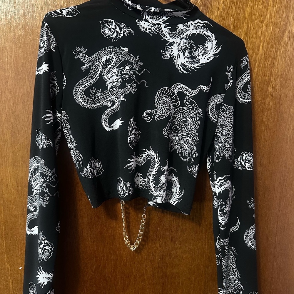 Black Dragon Print Long Sleeve Top